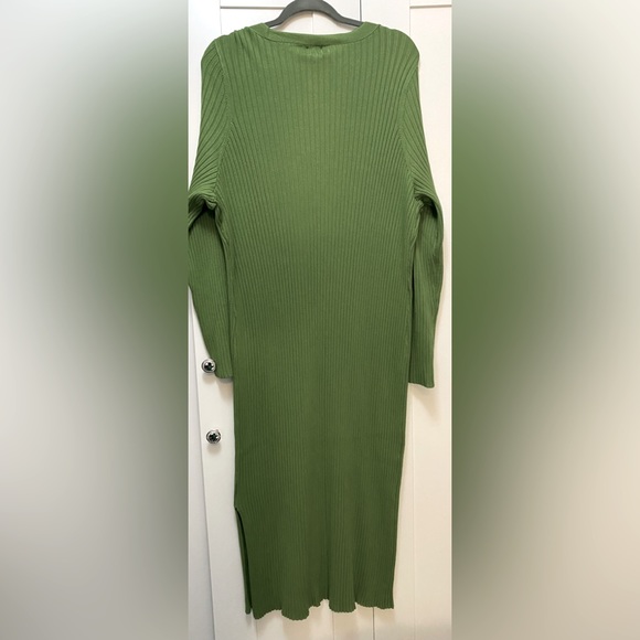 Ribbed Long Sleeve V Neck Sweater Dress With Side Slit Green Sz Large NEW! FIRM! - Picture 4 of 7